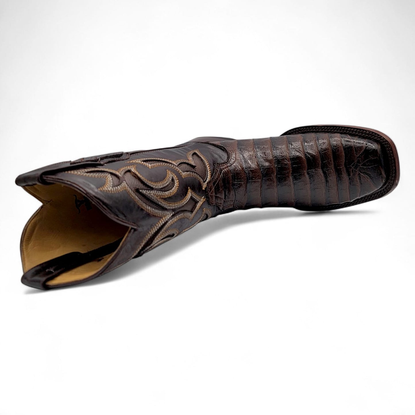 Mens Caiman Belly Print Boot Chocolate – Square Toe Genuine Leather H519473