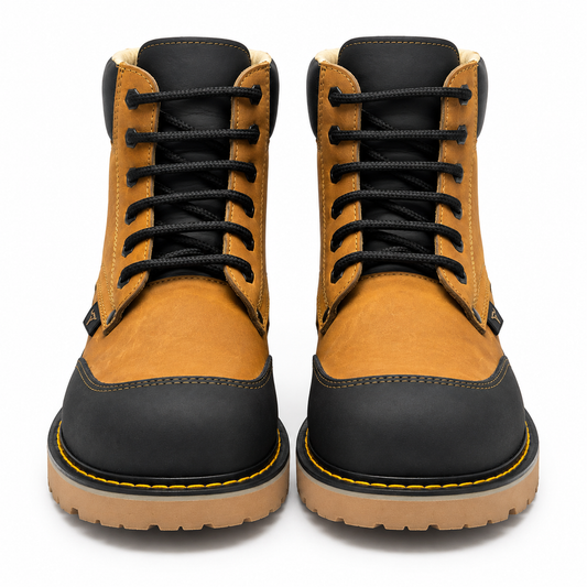 H60351 honey and black moc toe work boots front pair view