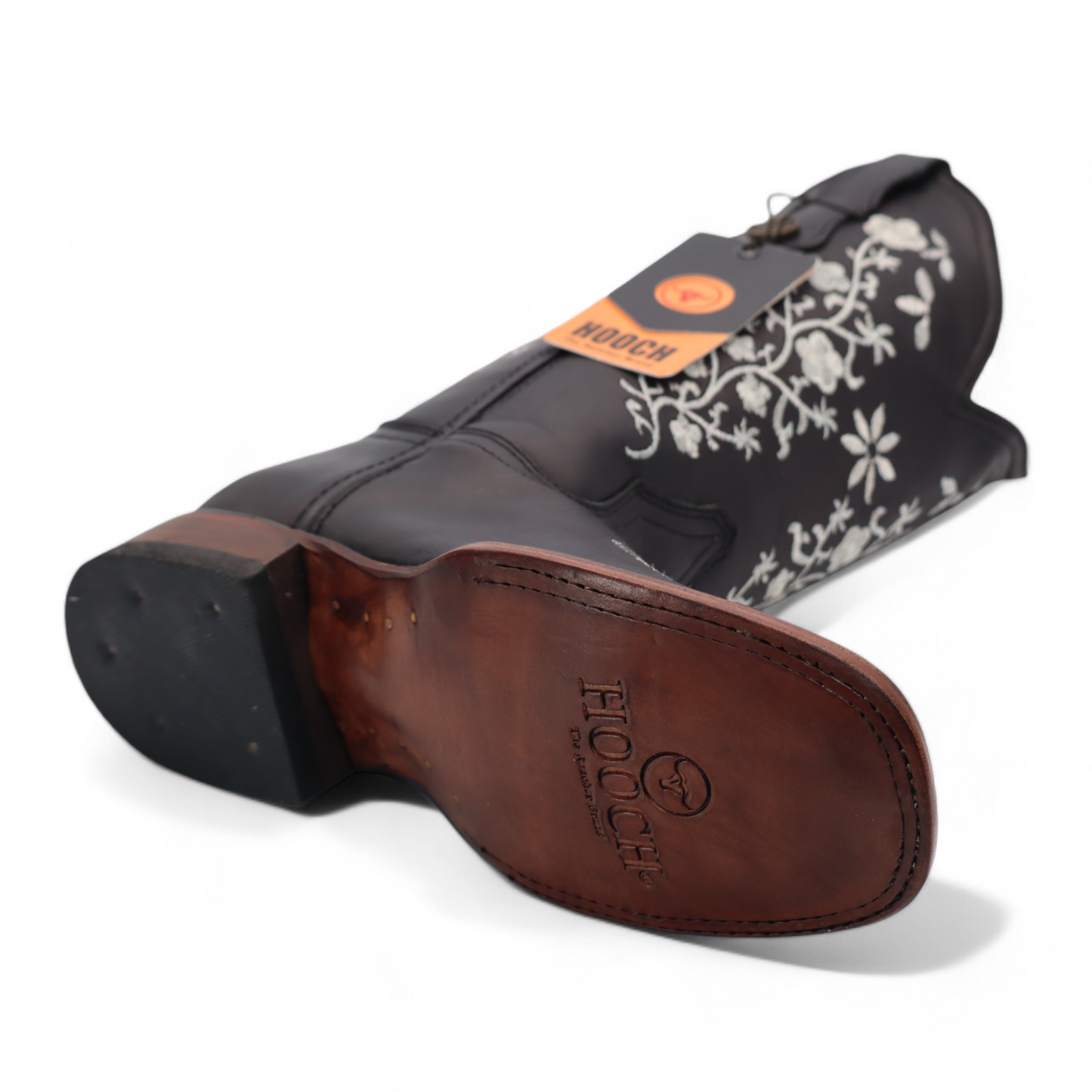 Women’s Square Toe Western Boots Black Genuine Leather Embroidered 12” Shaft – H22M2605