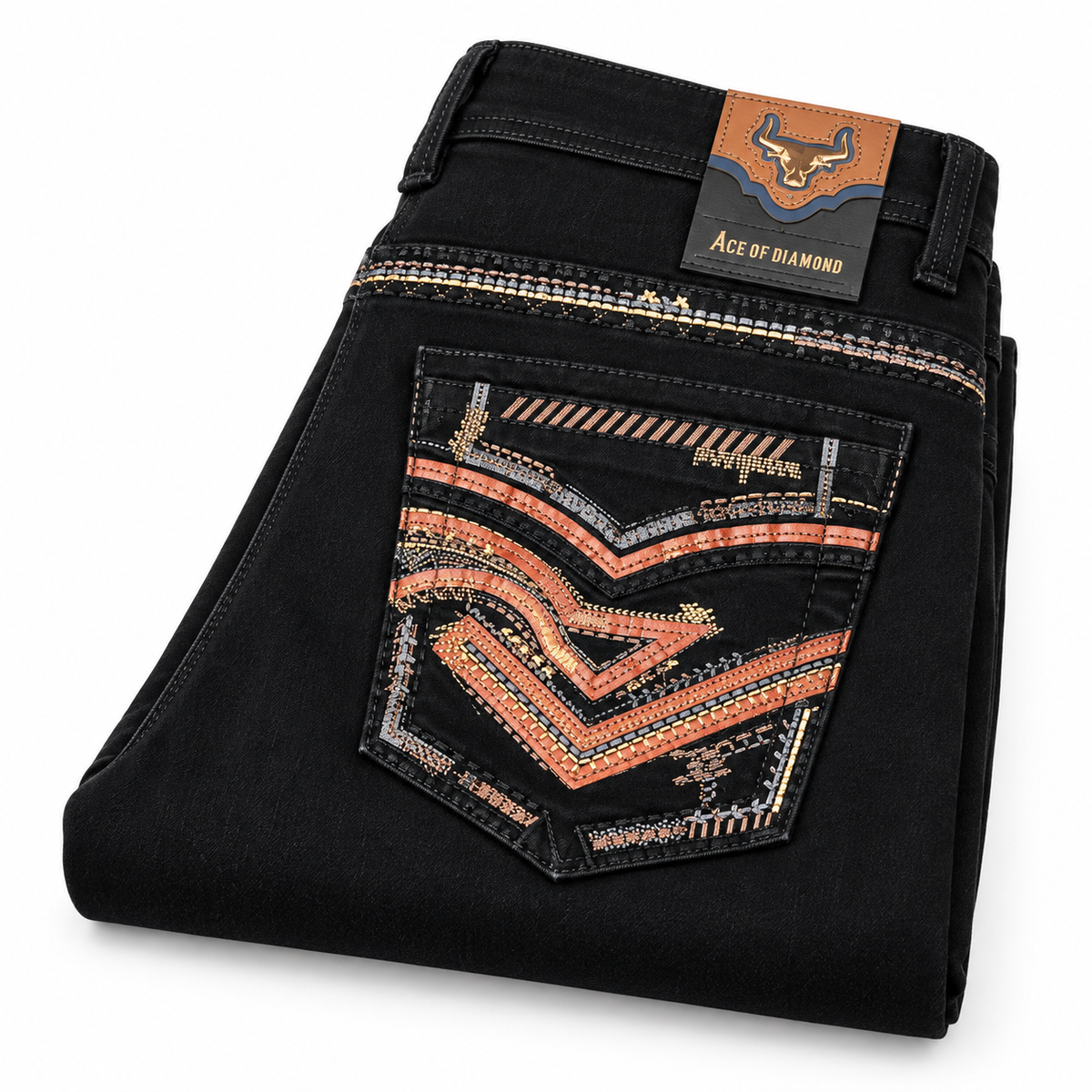 Men's Black Western Bootcut Jeans with Orange Embroidery – P-1500