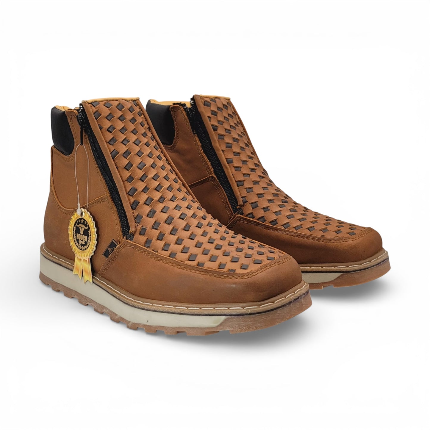 Mens Double Zipper Square Toe Shoe – Genuine Petatillo Leather Honey & Chocolate FINAL SALE