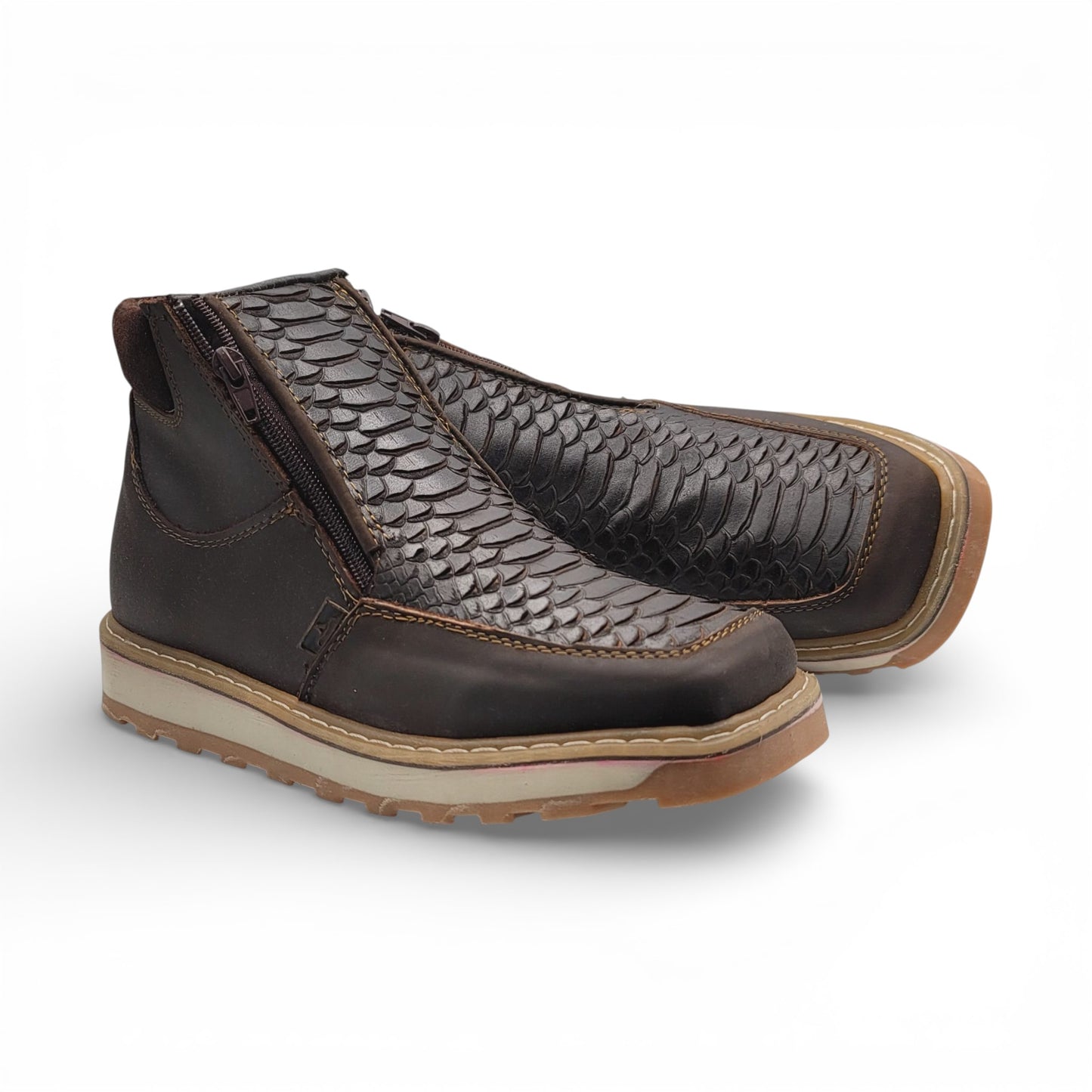 Mens Double Zipper Square Toe Shoe – Embossed Genuine Leather Chocolate