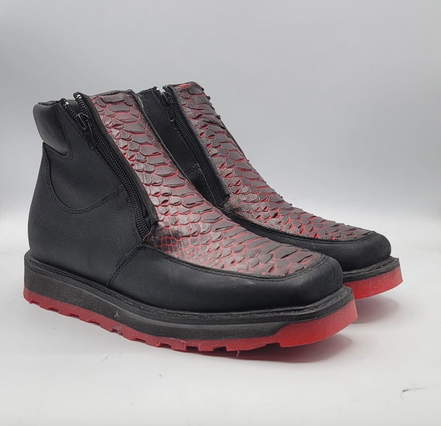 Mens Double Zipper Square Toe Shoe – Embossed Genuine Leather Black Cherry