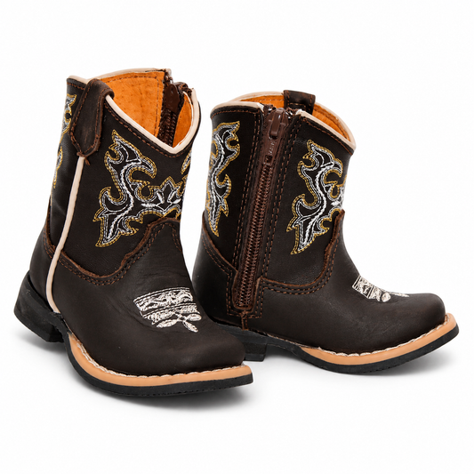 Front view of baby boys chocolate genuine leather square toe Western boots