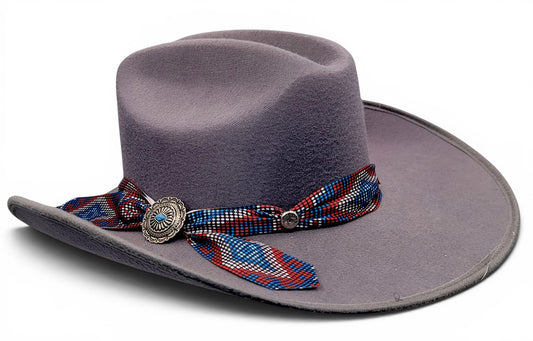 Women’s gray faux felt Western cowgirl hat with Charlie hat band, side angle