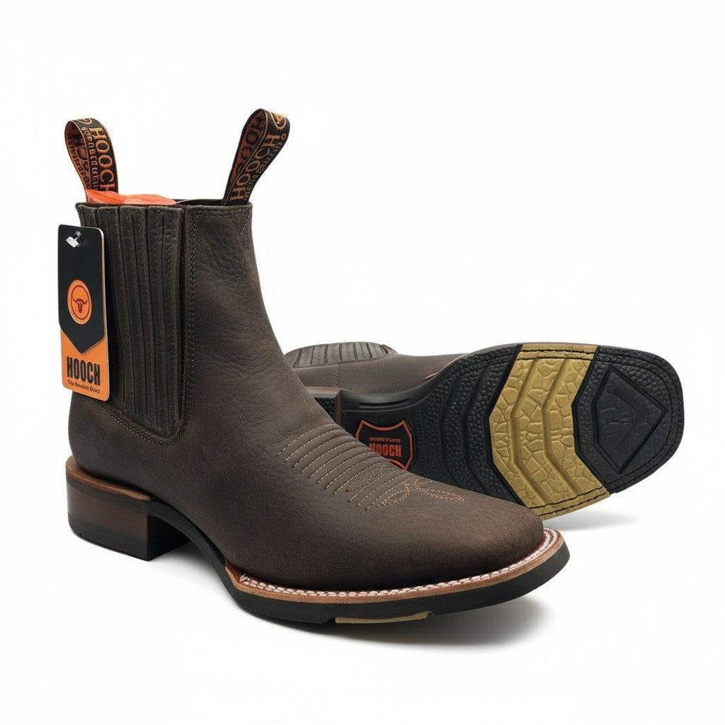 Men’s Handcrafted Square Toe Botin – Leather Short Cowboy Boot with Lightweight Rubber Sole