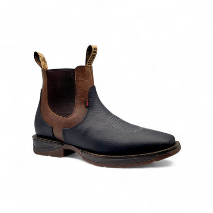 Mens Square Toe Botin Black-Honey – Genuine Leather Rubber Sole Western Boot 8045