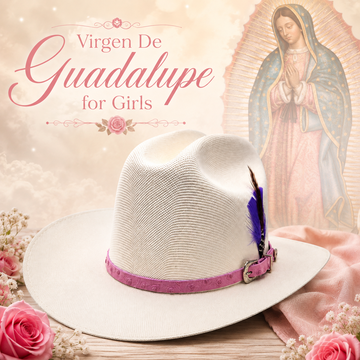 Girls Virgen de Guadalupe Sombrero – Pink Band Western Vaquera Hat with Genuine Feather