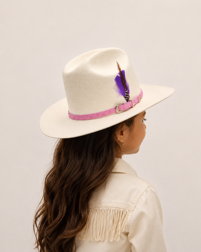 Girls Virgen de Guadalupe Sombrero – Pink Band Western Vaquera Hat with Genuine Feather