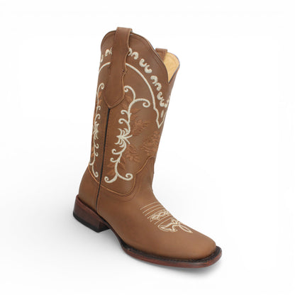 Womens Square Toe Western Boot – Genuine Leather Embroidered Shaft H222631