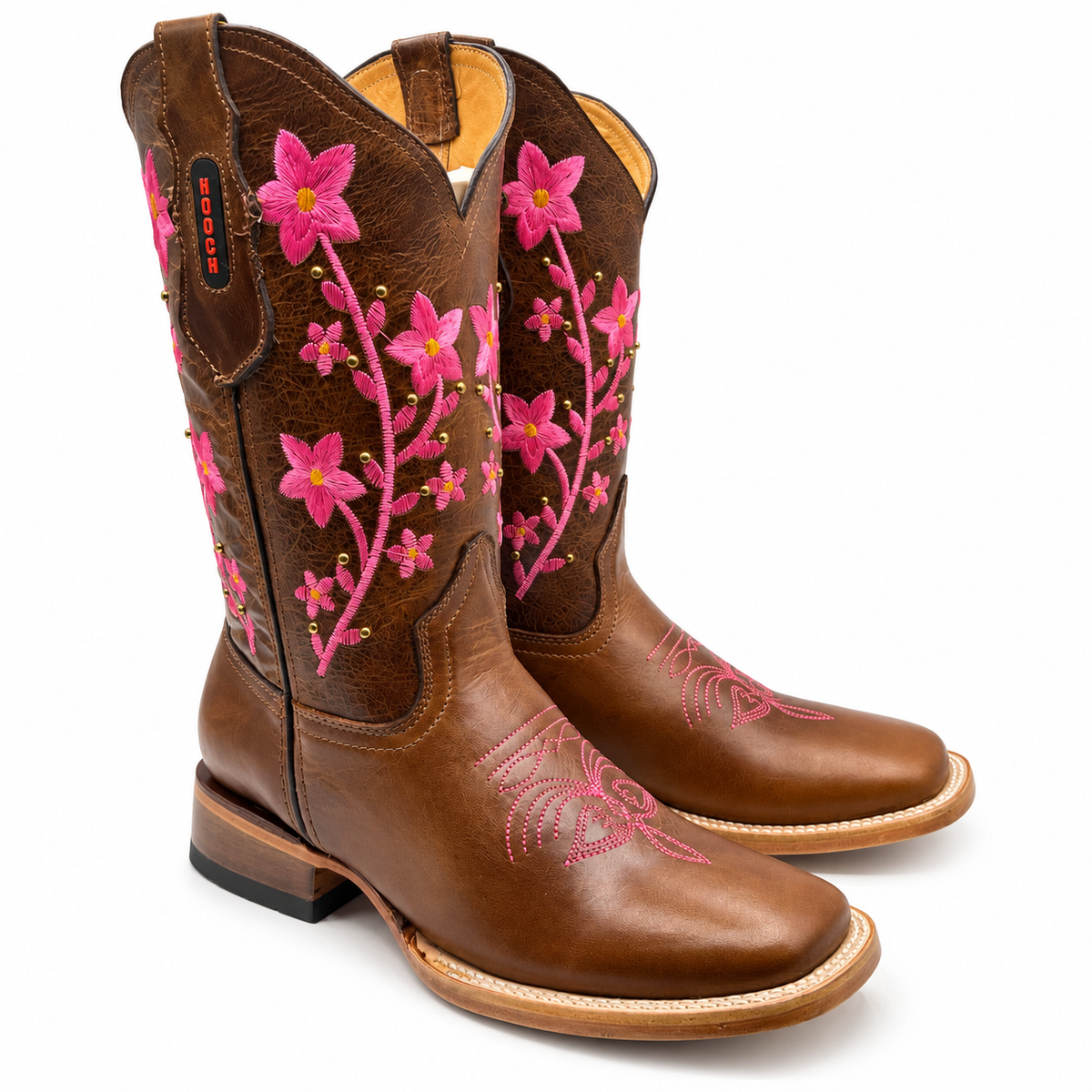 Hooch H227251R brown square toe western boots with pink floral embroidery - view 1