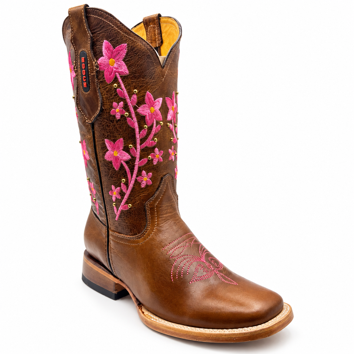 Hooch H227251R brown square toe western boots with pink floral embroidery - view 2