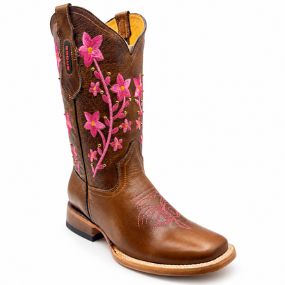Hooch H227251R brown square toe western boots with pink floral embroidery - view 2