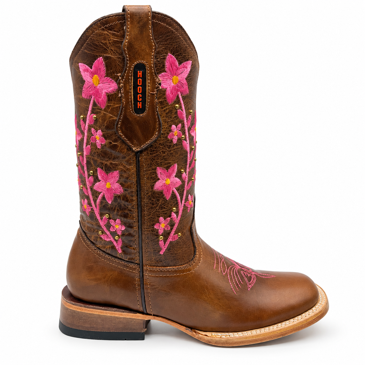 Hooch H227251R brown square toe western boots with pink floral embroidery - view 4