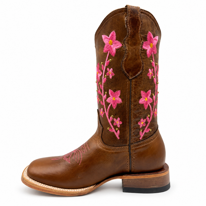 Hooch H227251R brown square toe western boots with pink floral embroidery - view 5