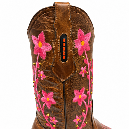 Hooch H227251R brown square toe western boots with pink floral embroidery - view 6