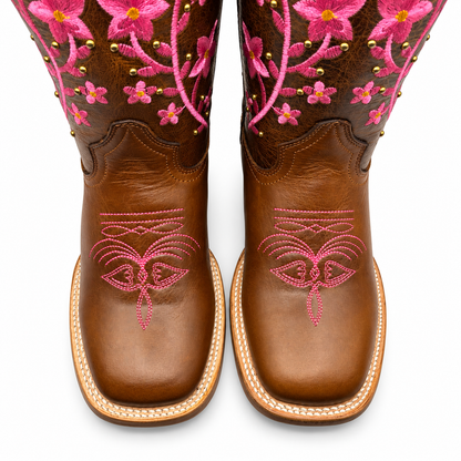 Hooch H227251R brown square toe western boots with pink floral embroidery - view 7