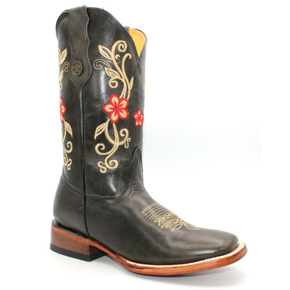 Women’s Square Toe Western Boots Gray Genuine Leather Embroidered 12” Shaft – H229509
