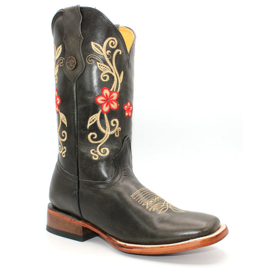 Women’s Square Toe Western Boots Gray Genuine Leather Embroidered 12” Shaft – H229509