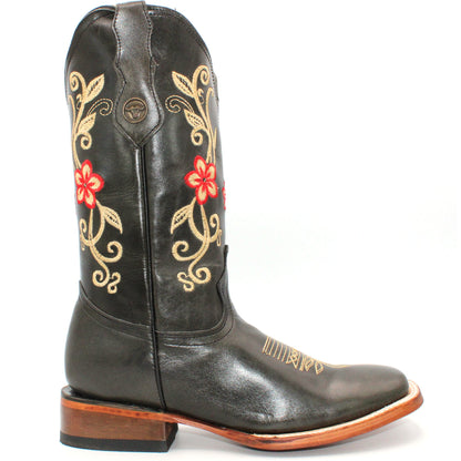 Women’s Square Toe Western Boots Gray Genuine Leather Embroidered 12” Shaft – H229509