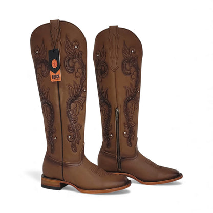 Womens Tall Square Toe Western Boot Honey – Genuine Grasso Leather Handcrafted H22T2651