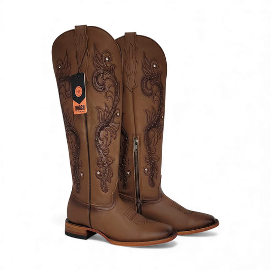 Womens Tall Square Toe Western Boot Honey – Genuine Grasso Leather Handcrafted H22T2651