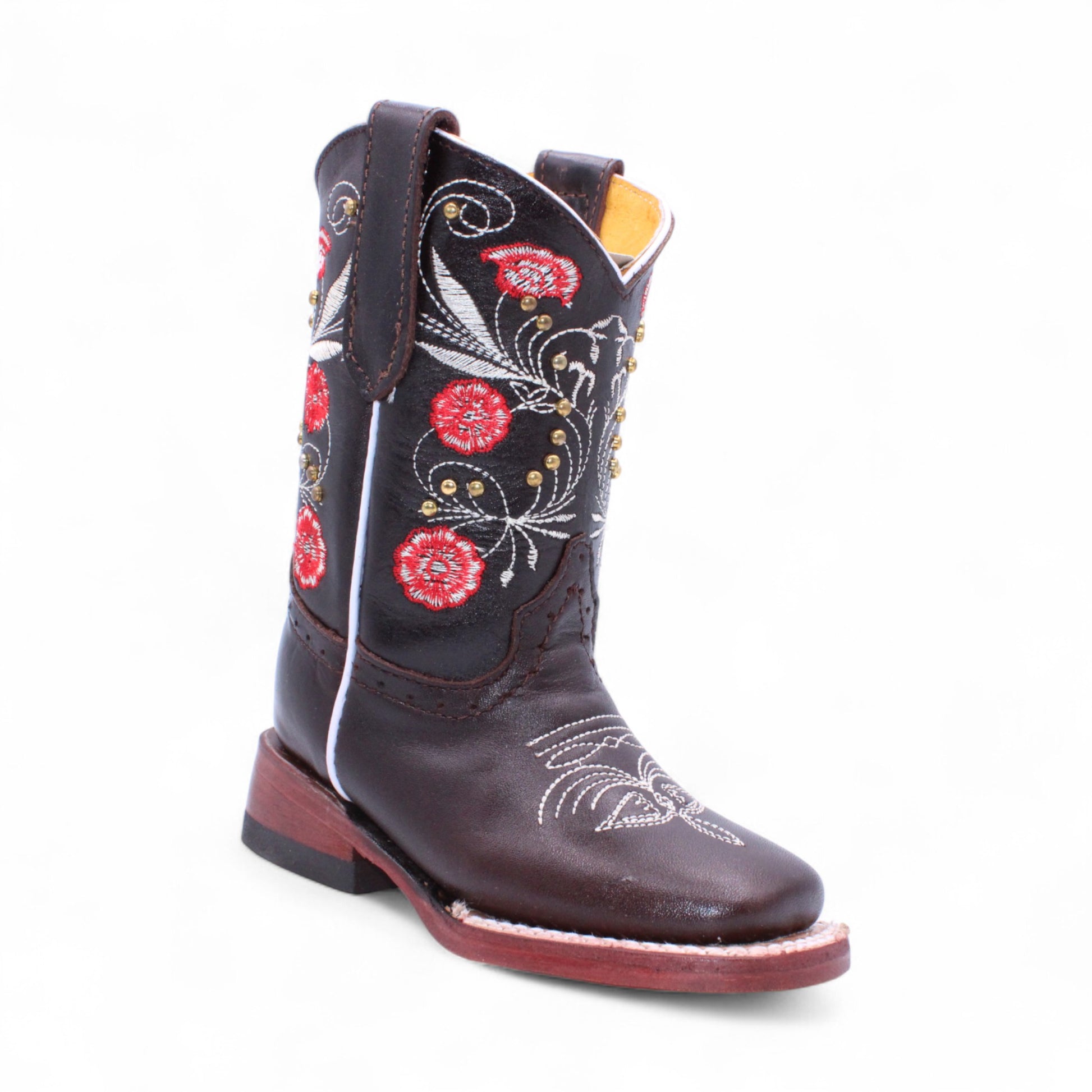 Little girls brown Western boot with red floral embroidery and studs – style H329594