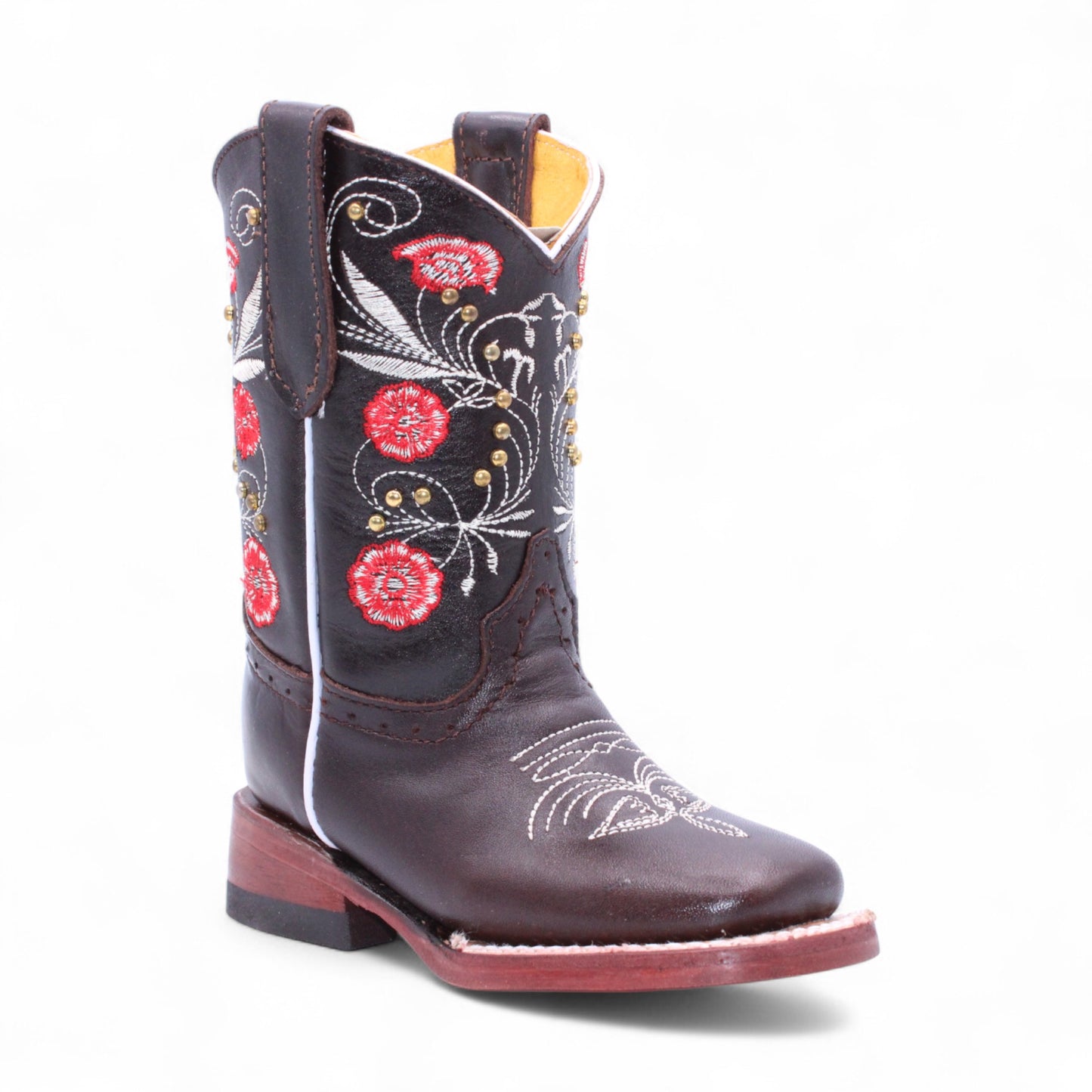 Pair of girls brown leather cowboy boots with red embroidered flowers and pull straps H329594