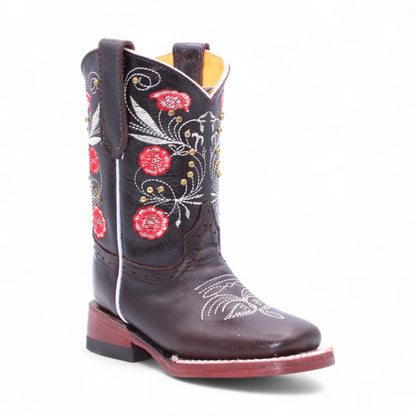 Pair of girls brown leather cowboy boots with red embroidered flowers and pull straps H329594