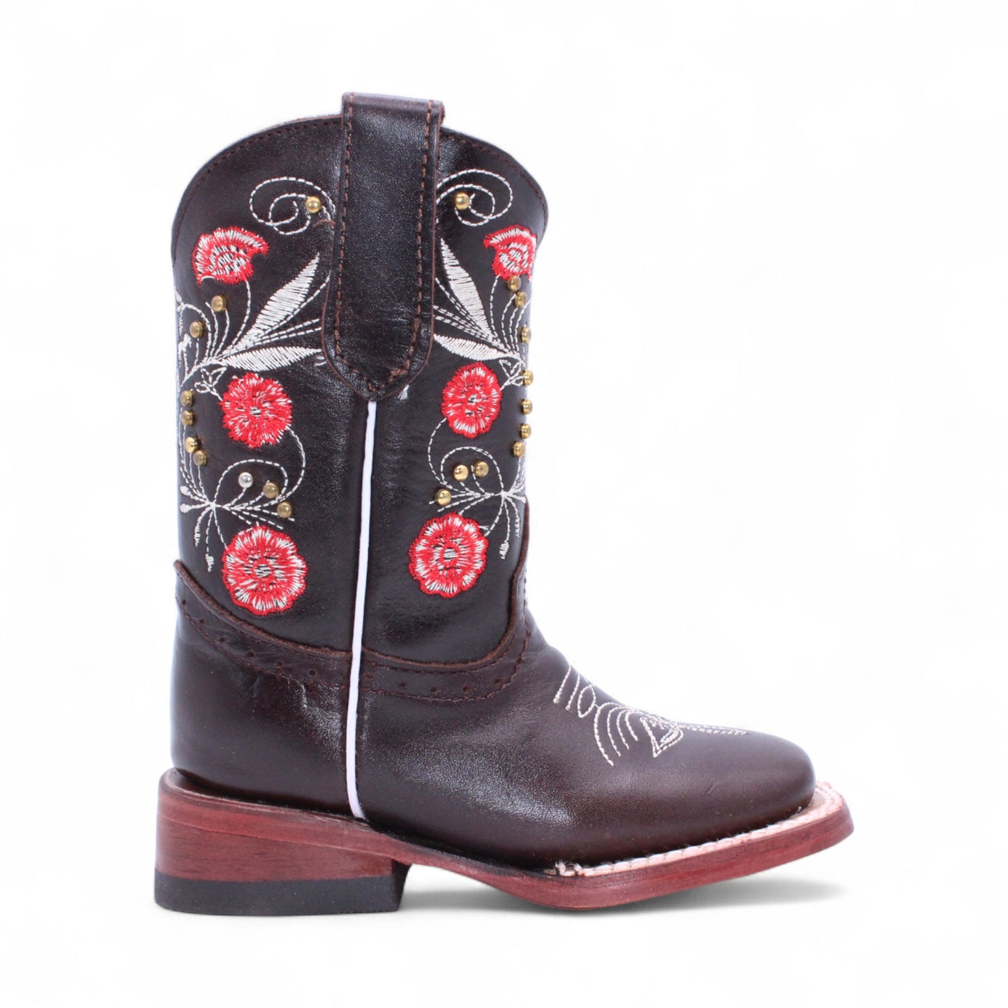 Side profile of girls brown embroidered Western boot with red flowers and leather sole H329594