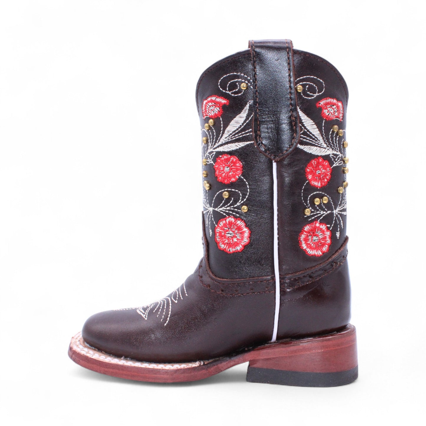 “Brown kids Western boot with floral stitching and brass stud details H329594”