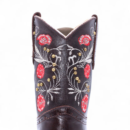 “Rear view of girls Western boot with red floral embroidery and decorative stitching H329594”