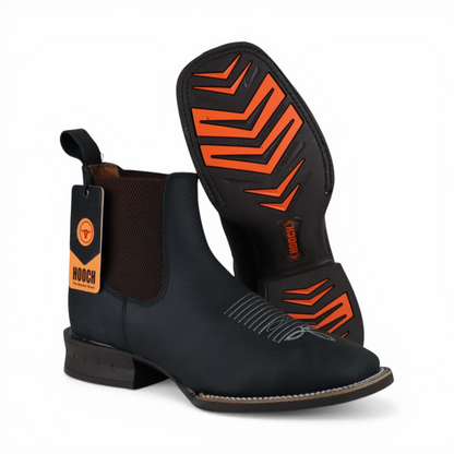 Mens Wide Square Toe Botin Black – Lightweight Rubber Sole Leather Boot H42A0527