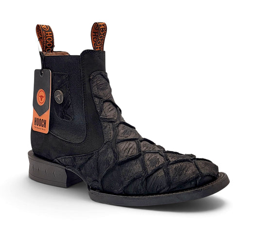 Men's black pirarucu print square toe botin front three-quarter view