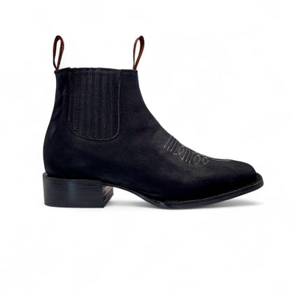 Mens Square Toe Botin Black – Genuine Crazy Leather Western Ankle Boot H42P2805
