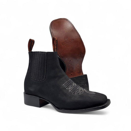 Mens Square Toe Botin Black – Genuine Crazy Leather Western Ankle Boot H42P2805