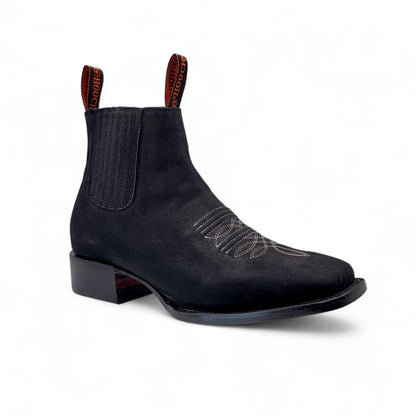 Mens Square Toe Botin Black – Genuine Crazy Leather Western Ankle Boot H42P2805