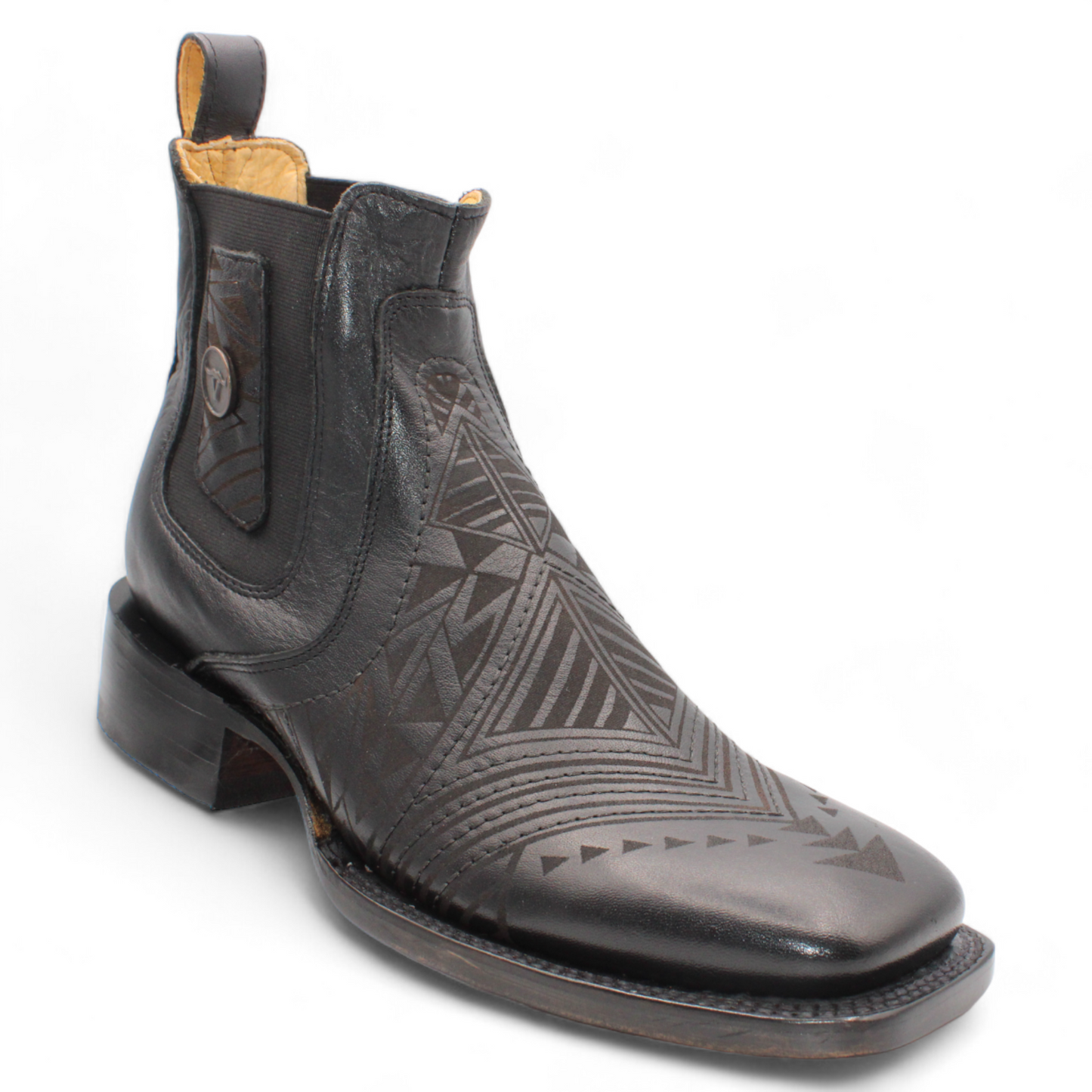 Men’s Square Toe Leather Botin – Laser Engraved Vamp- Black