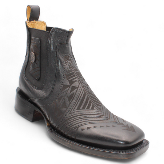 Men’s Square Toe Leather Botin – Laser Engraved Vamp- Black