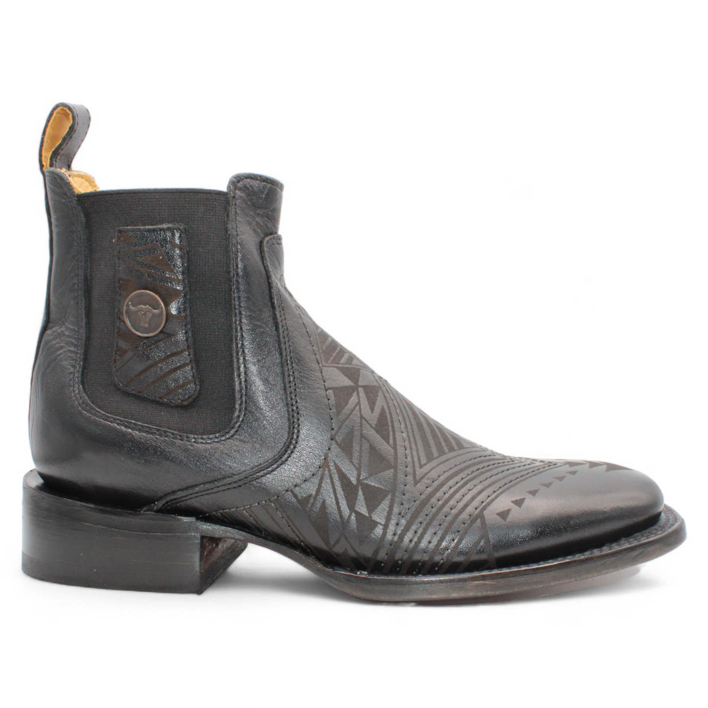 Men’s Square Toe Leather Botin – Laser Engraved Vamp- Black