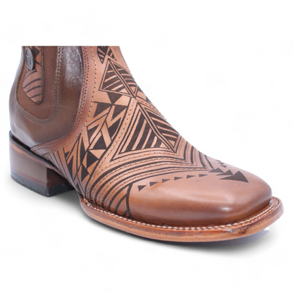 Men’s Square Toe Leather Botin – Laser Engraved Vamp - Honey
