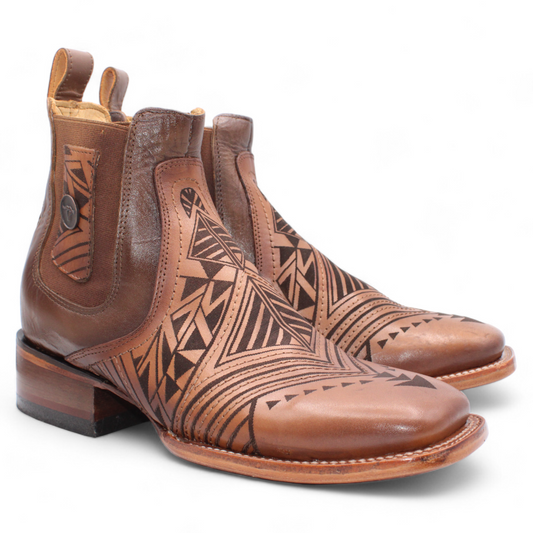 Men’s Square Toe Leather Botin – Laser Engraved Vamp - Honey