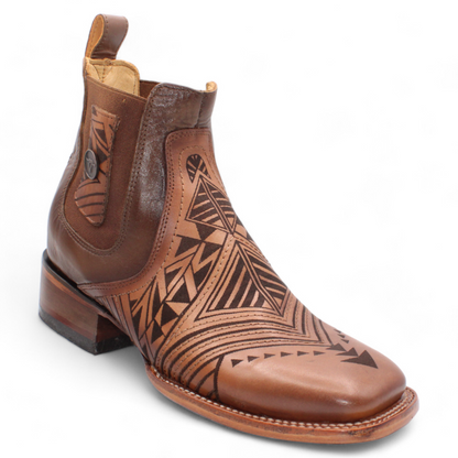Men’s Square Toe Leather Botin – Laser Engraved Vamp - Honey