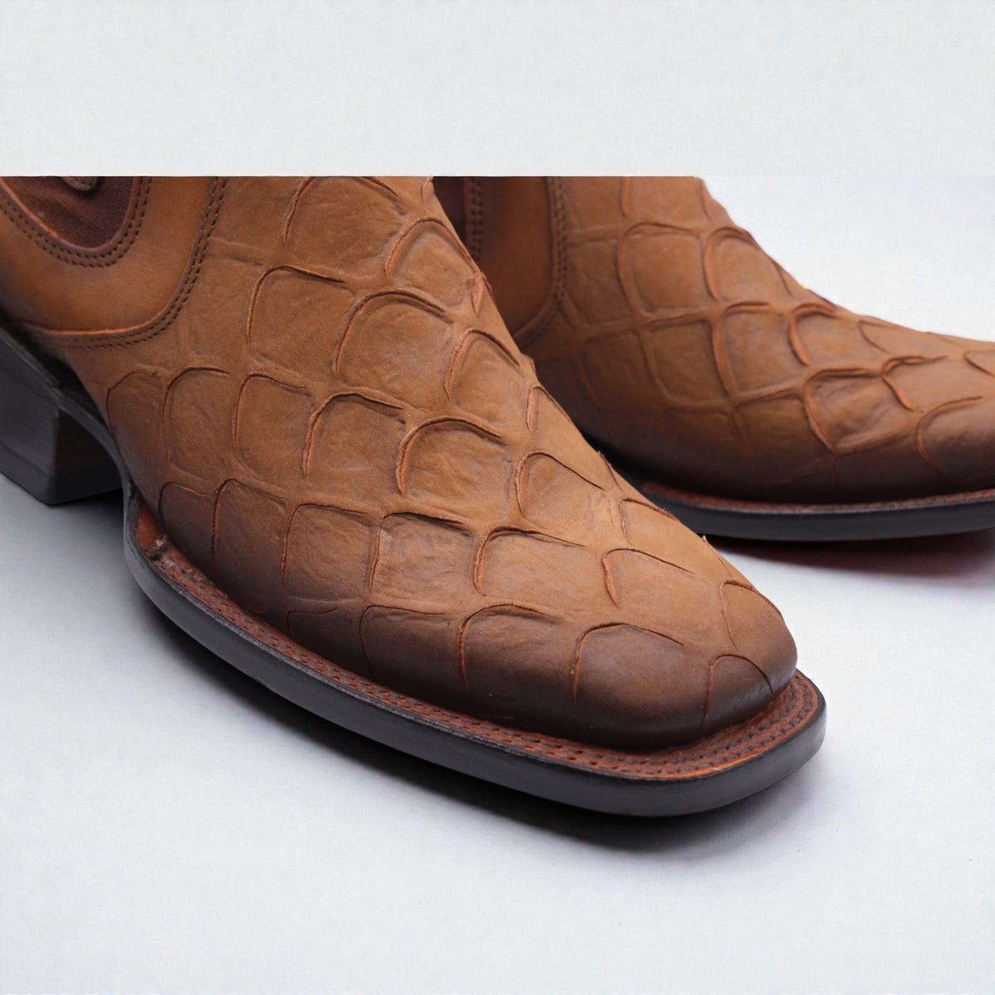 Mens Pirarucu Print Western Botin Honey – Genuine Leather Square Toe H42R7251