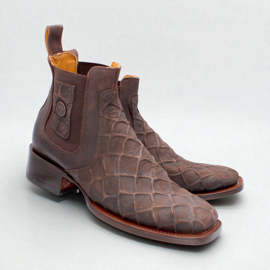 Men’s Pirarucu Print Western Botin in Chocolate – H42R7294