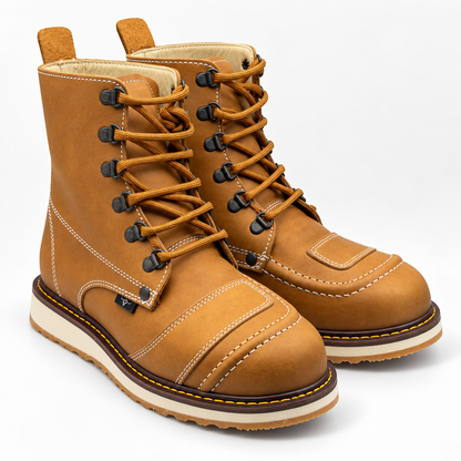 H50151 honey tan leather work boots pair three-quarter view