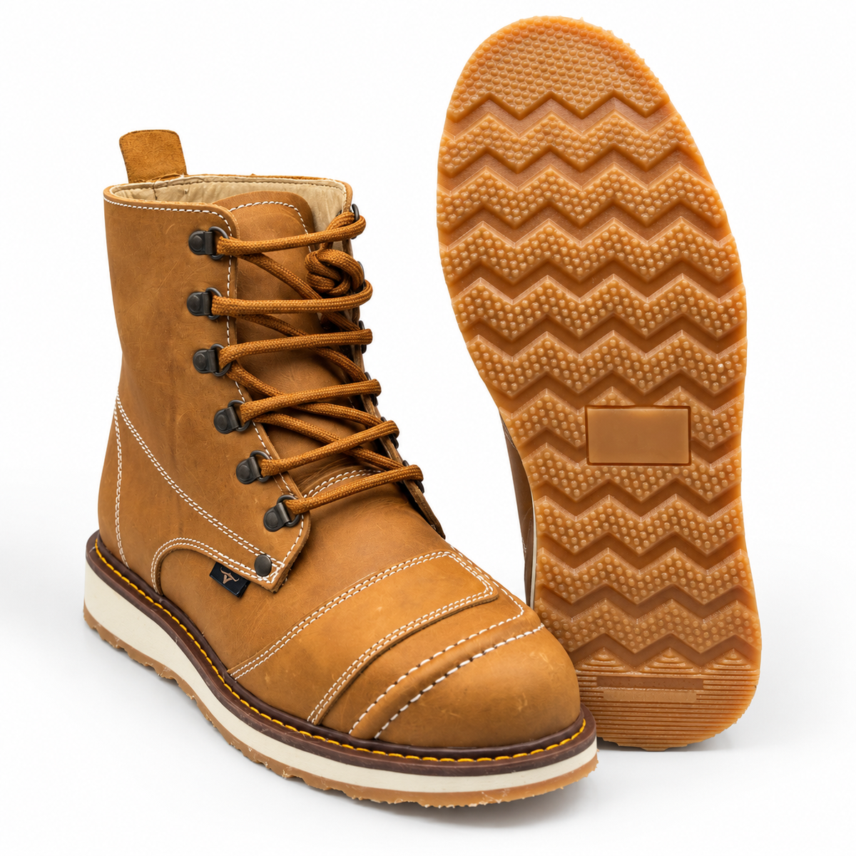 H50151 honey tan leather work boot with gum outsole tread view