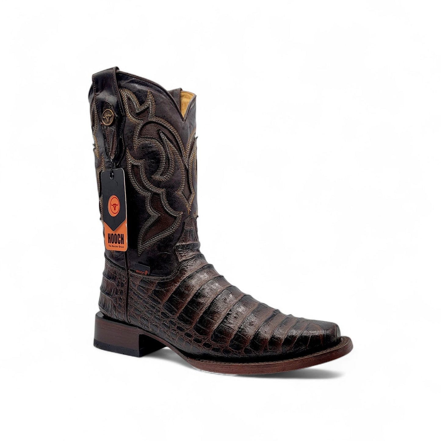 Mens Caiman Belly Print Boot Chocolate – Square Toe Genuine Leather H519473