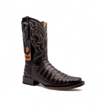 Mens Caiman Belly Print Boot Chocolate – Square Toe Genuine Leather H519473