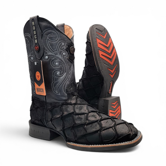 Mens Pirarucu Print Boot Black – Square Toe Rubber Sole Leather Boot H520572
